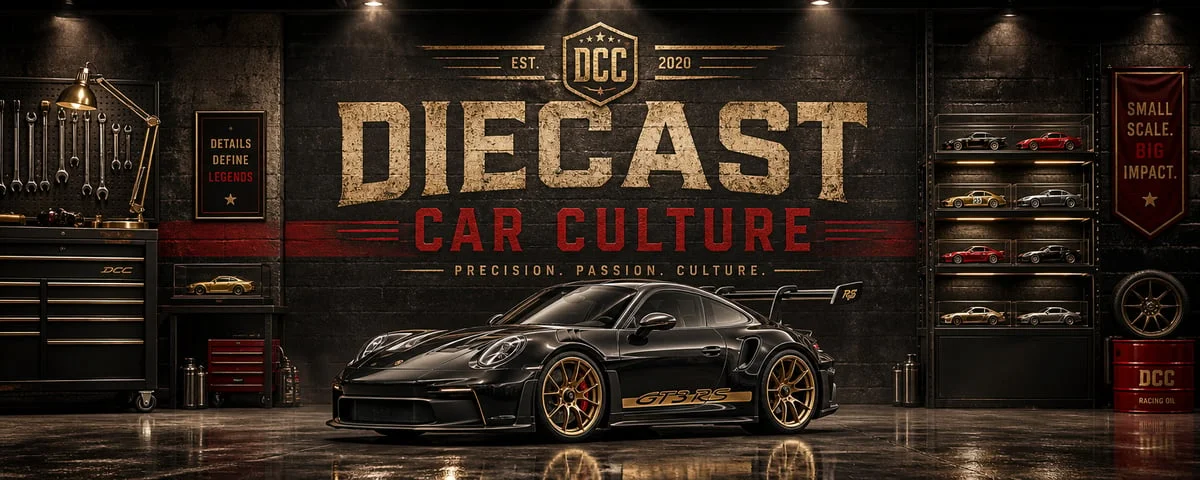 Diecast Car Culture storefront banner with a scale model sports car display