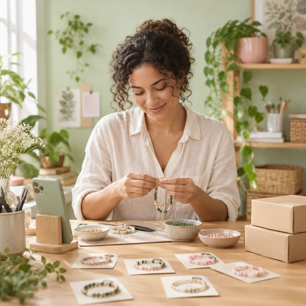 Illustrative maker creating jewelry in her home studio